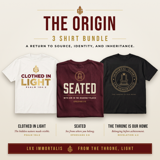 The Origin Bundle — Clothed in Light (White), Seated (Red), The Throne Is Our Home (Black)
