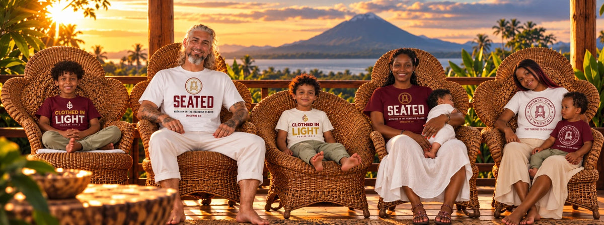 The Immortal Glory family in Season One tees on wicker chairs on a veranda at sunset, Volcano Concepción behind them, Ometepe Island