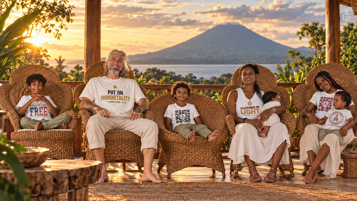 The Immortal Glory family in Season One tees on a veranda facing Volcano Concepción, Ometepe Island