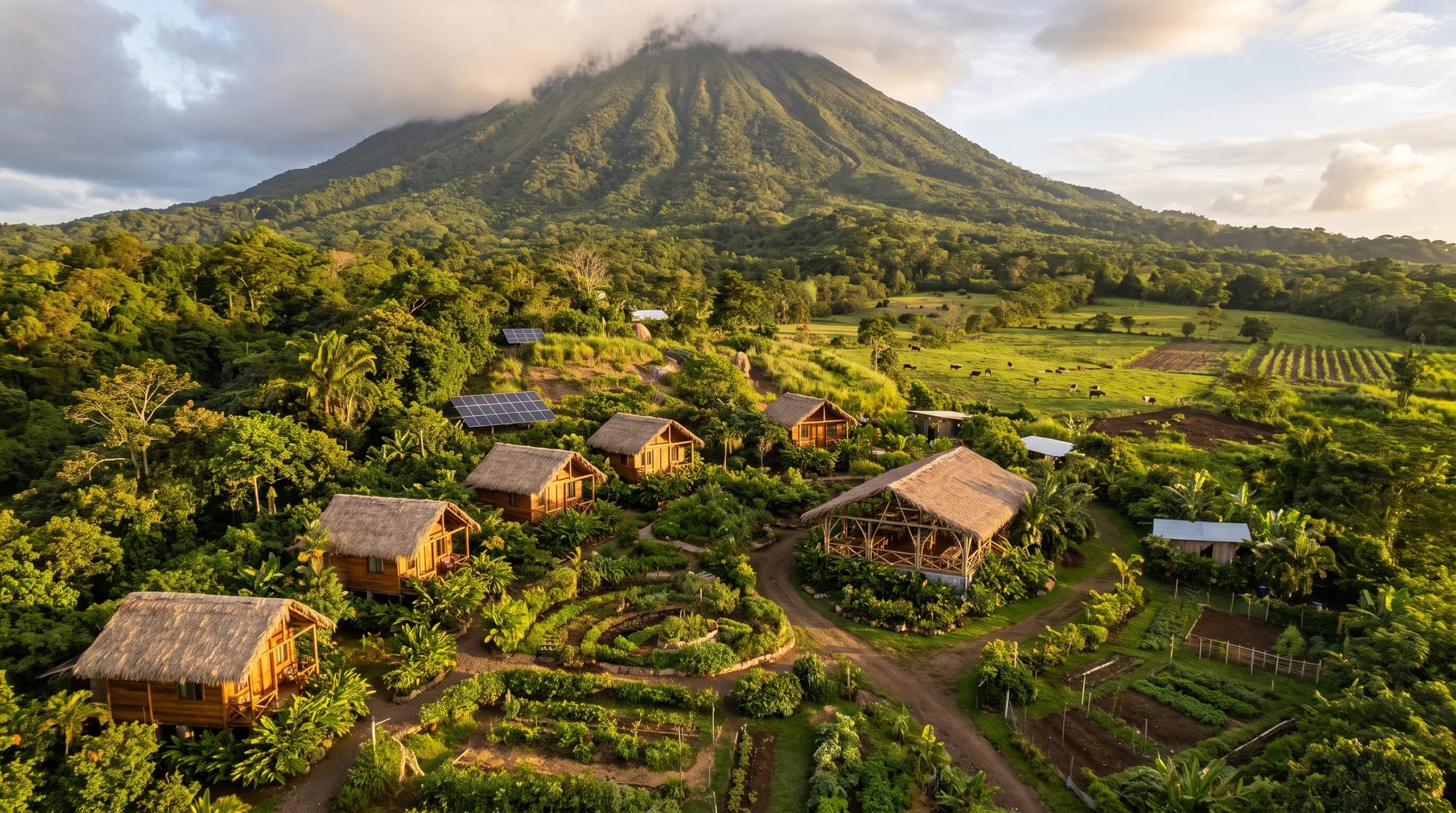 Aerial view of the community being built on Ometepe — timber homes, a gathering hall, solar, permaculture gardens and pasture beneath Volcán Concepción.